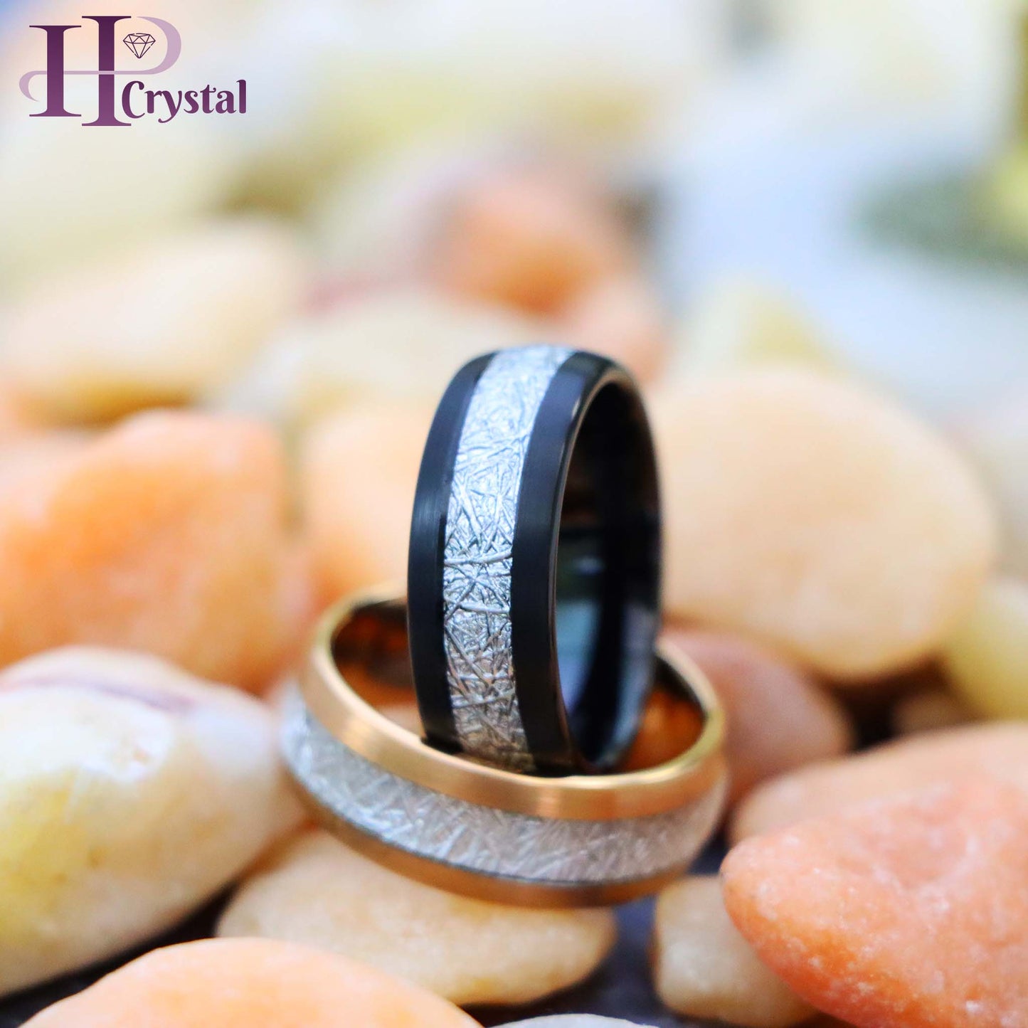 Semi-Domed Black IP/Rose Gold IP Plated Tungsten Ring with Imitation Meteorite Inlay