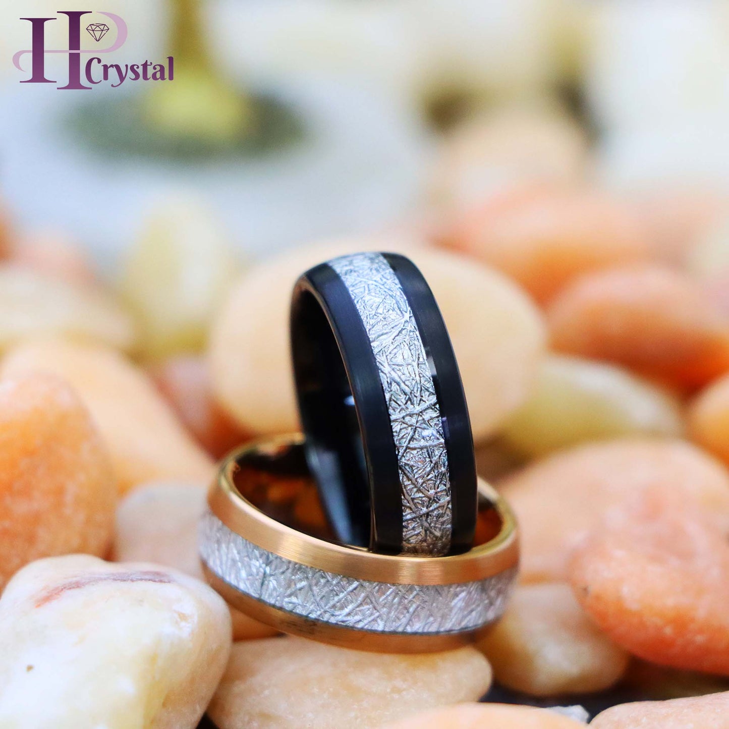 Semi-Domed Black IP/Rose Gold IP Plated Tungsten Ring with Imitation Meteorite Inlay