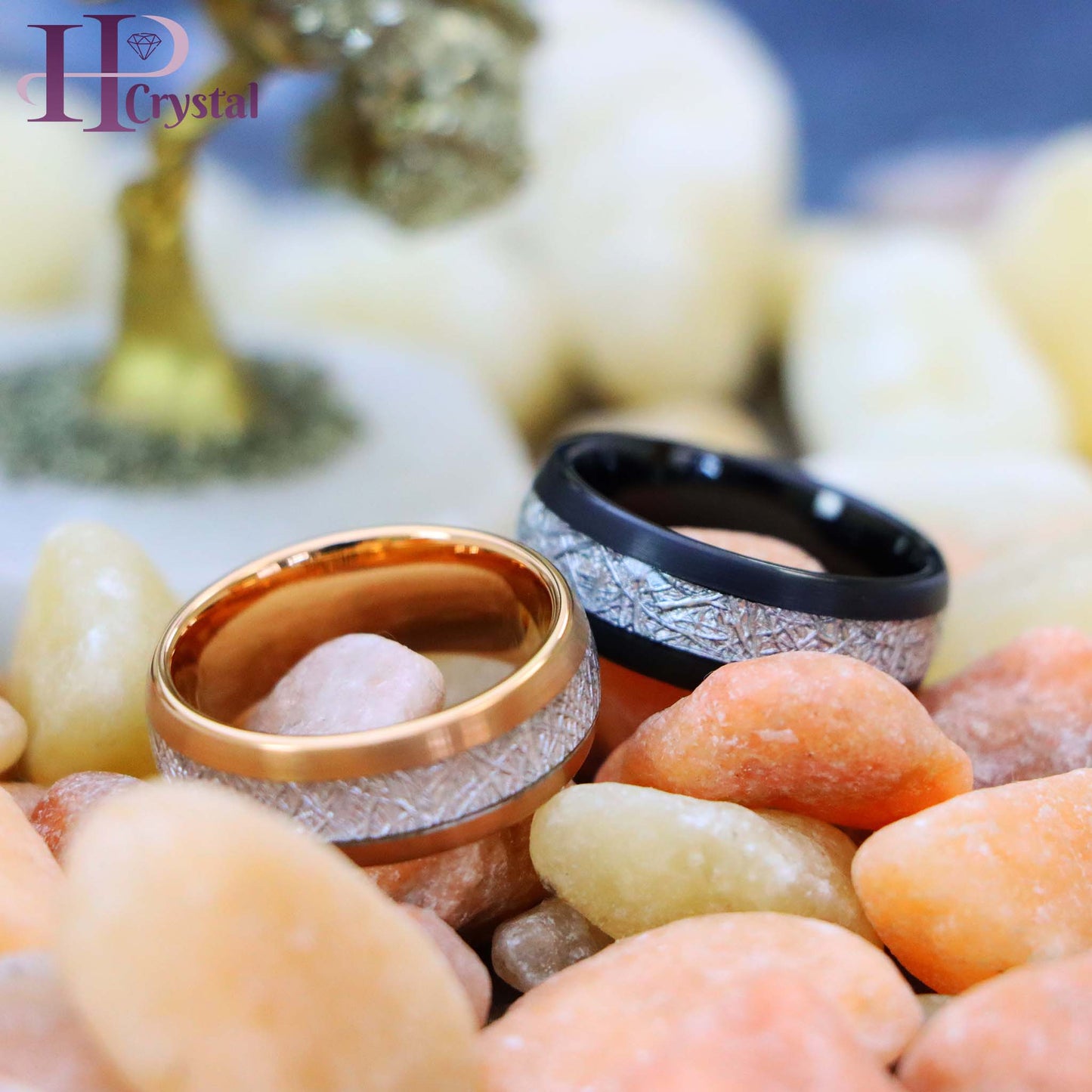 Semi-Domed Black IP/Rose Gold IP Plated Tungsten Ring with Imitation Meteorite Inlay