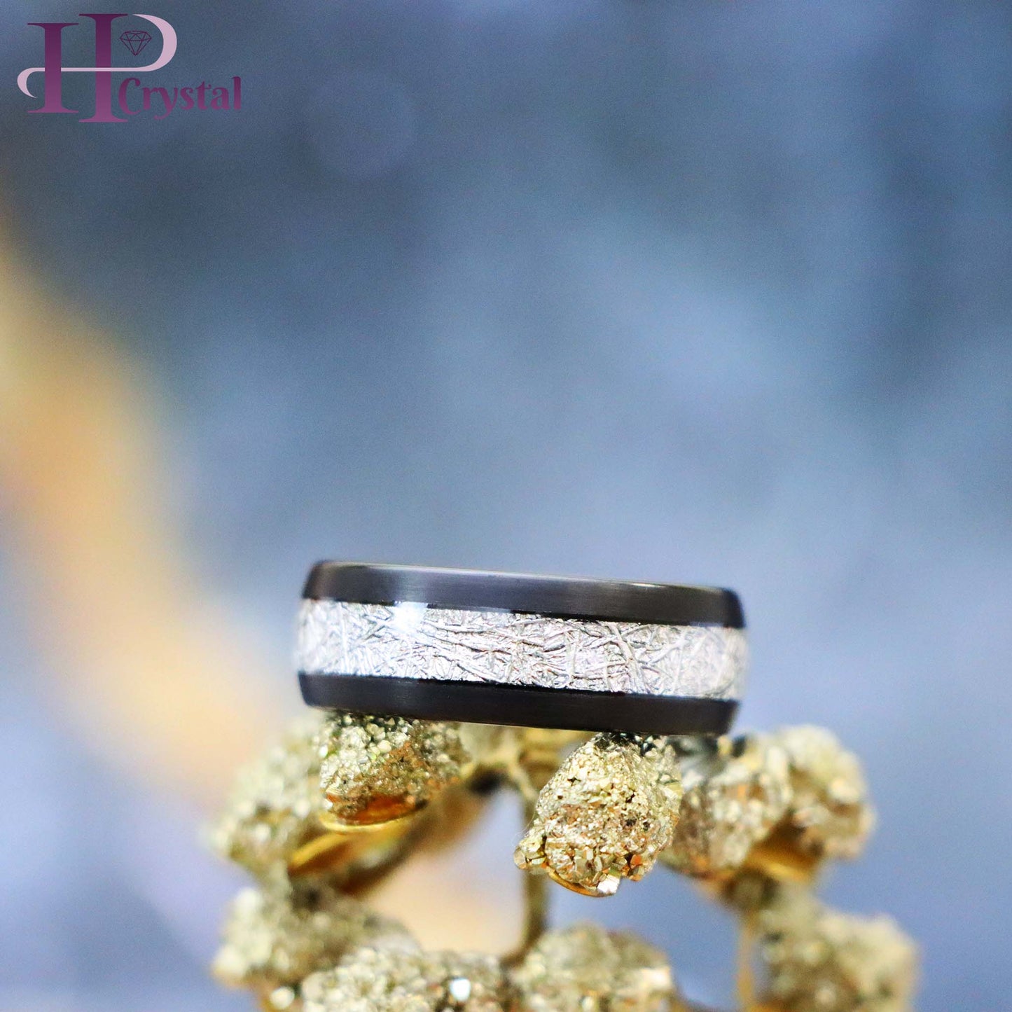 Semi-Domed Black IP/Rose Gold IP Plated Tungsten Ring with Imitation Meteorite Inlay