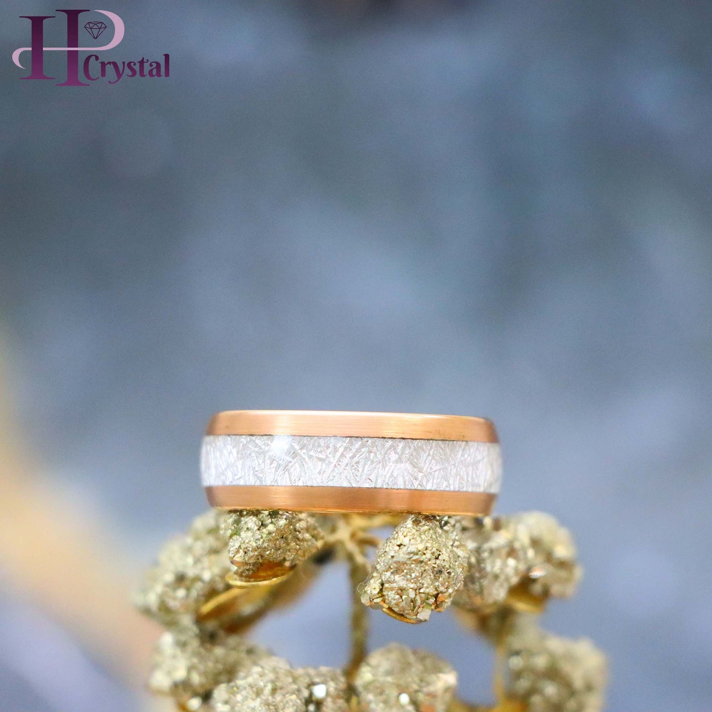 Semi-Domed Black IP/Rose Gold IP Plated Tungsten Ring with Imitation Meteorite Inlay