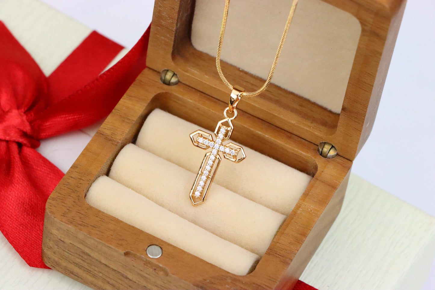 Rose Gold Cross Pendant with CZ Stones and Pointed Edges Design, XPPT1845 (2156-1)