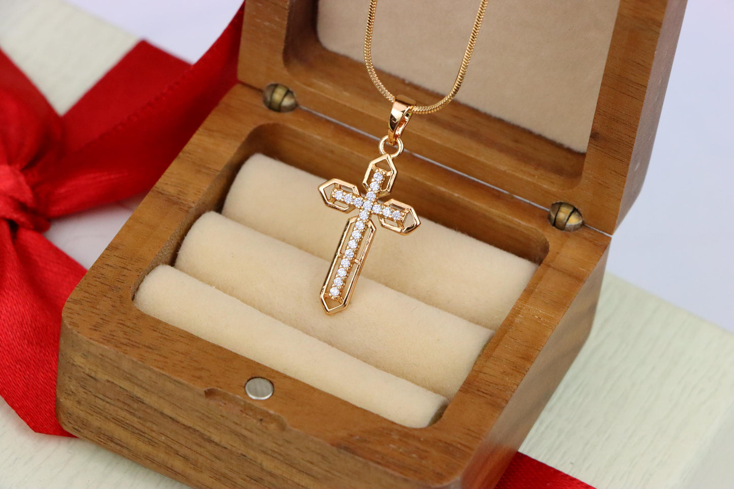Rose Gold Cross Pendant with CZ Stones and Pointed Edges Design, XPPT1845 (2156-1)