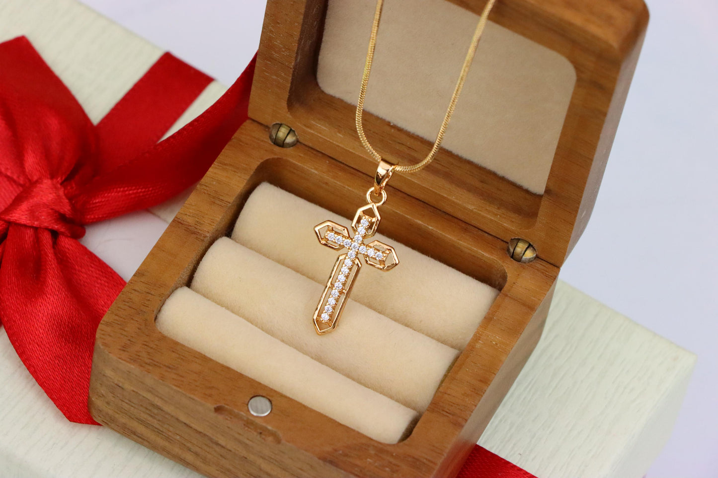 Rose Gold Cross Pendant with CZ Stones and Pointed Edges Design, XPPT1845 (2156-1)