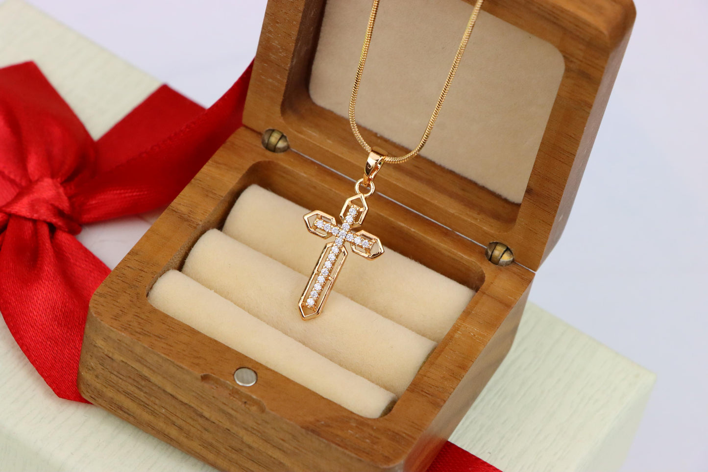 Rose Gold Cross Pendant with CZ Stones and Pointed Edges Design, XPPT1845 (2156-1)