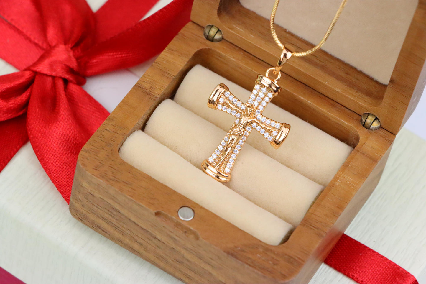 Rose Gold Crucifix Pendant with CZ Accents and Rounded Arms Design, XPPT1846 (2156-2)