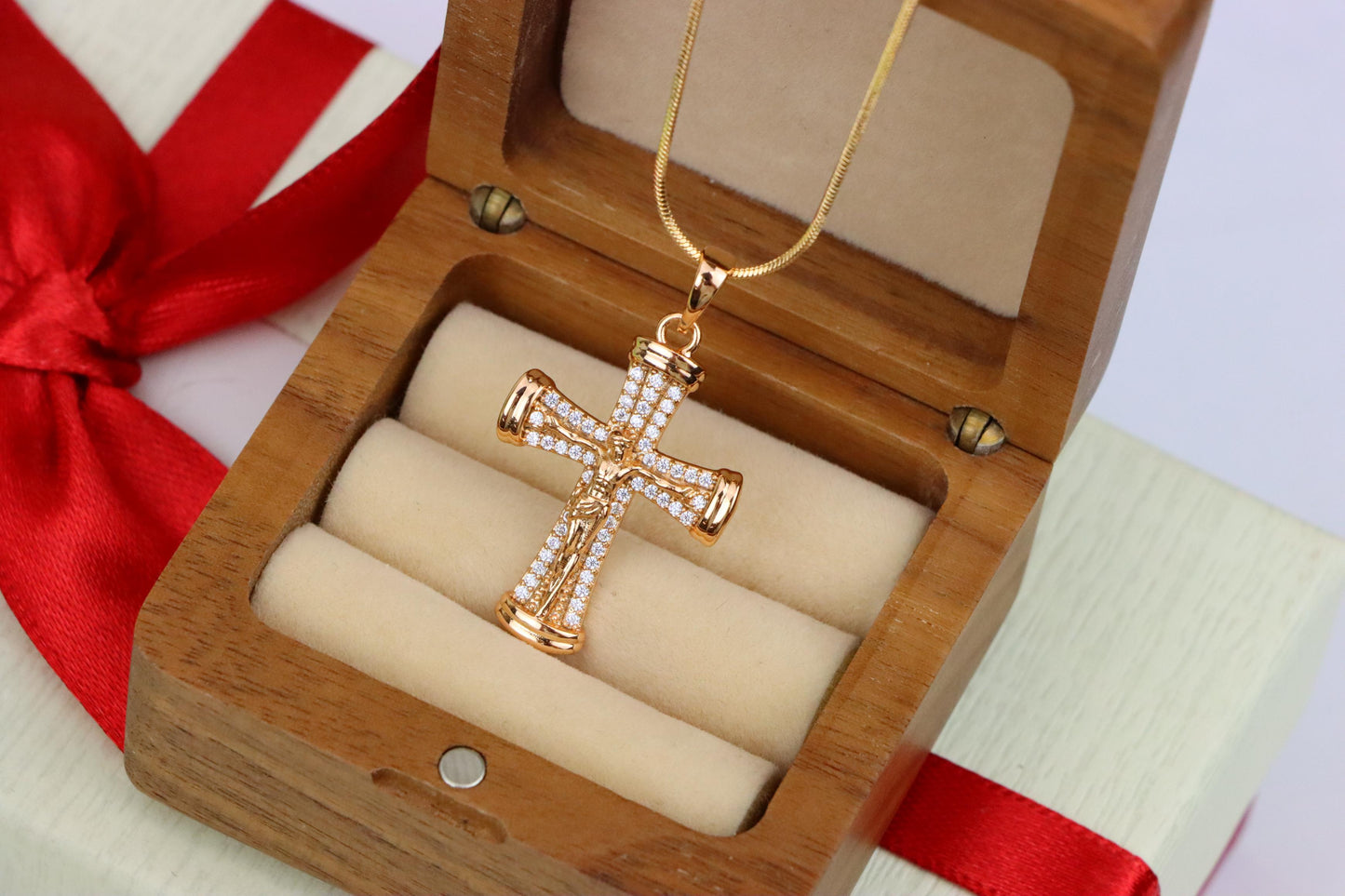 Rose Gold Crucifix Pendant with CZ Accents and Rounded Arms Design, XPPT1846 (2156-2)
