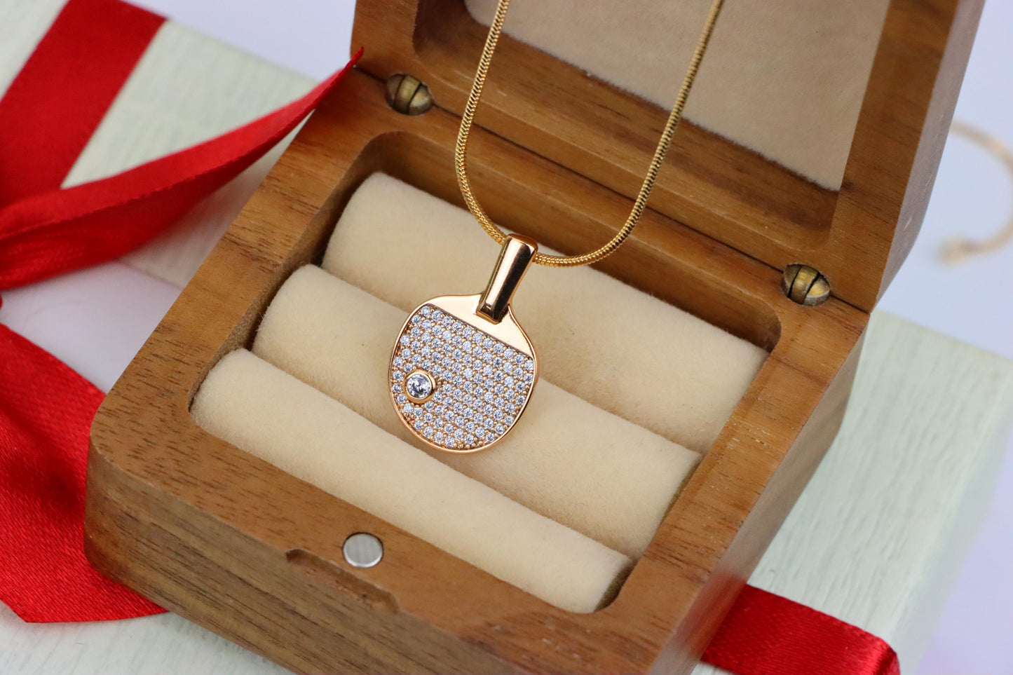 Rose Gold Table Tennis Racket Pendant with Sparkling CZ Detailing, XPPT1376 (2132-10)