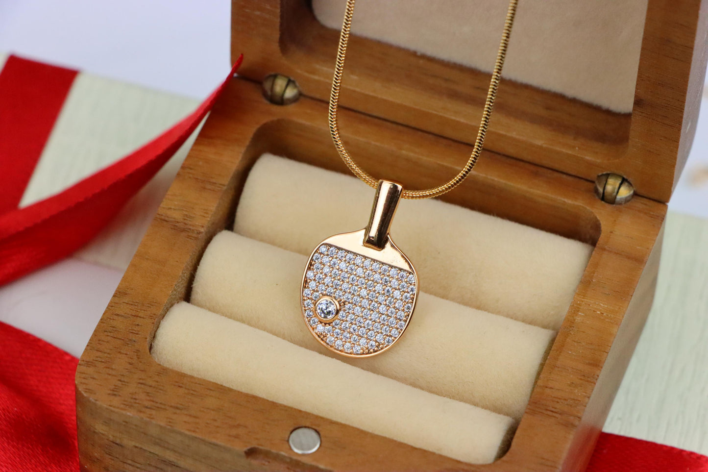 Rose Gold Table Tennis Racket Pendant with Sparkling CZ Detailing, XPPT1376 (2132-10)