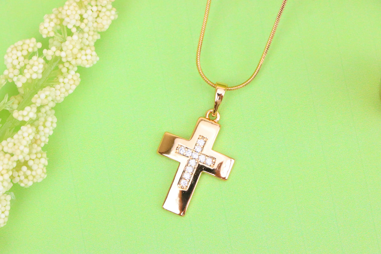 Rose Gold Cross Pendant with Inset CZ Accents in Glossy Finish, XPPT1847 (2156-3)
