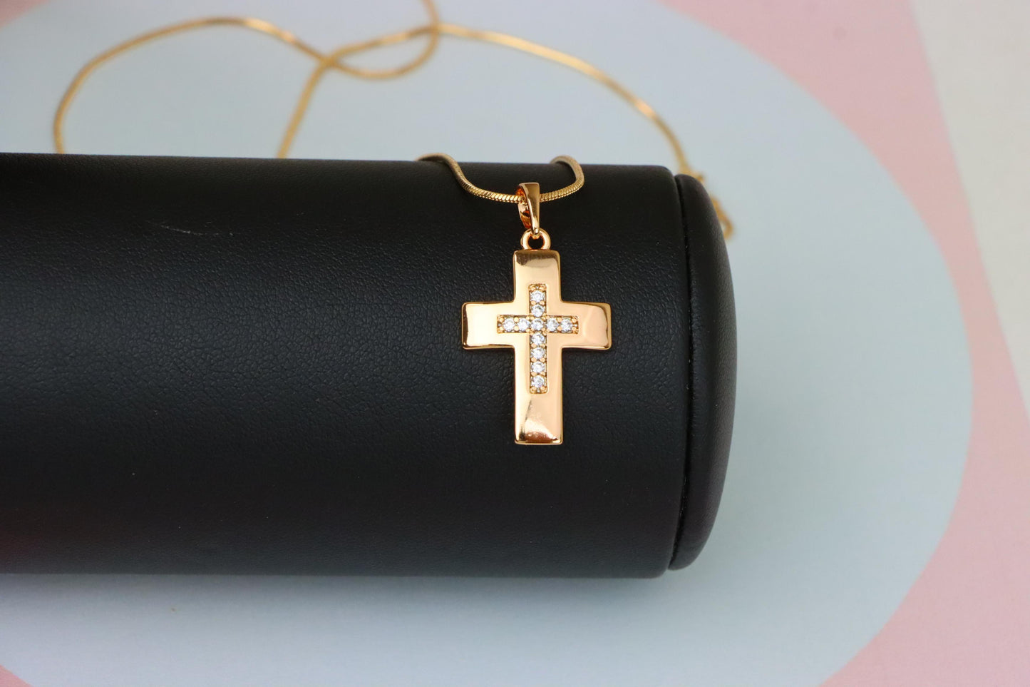 Rose Gold Cross Pendant with Inset CZ Accents in Glossy Finish, XPPT1847 (2156-3)