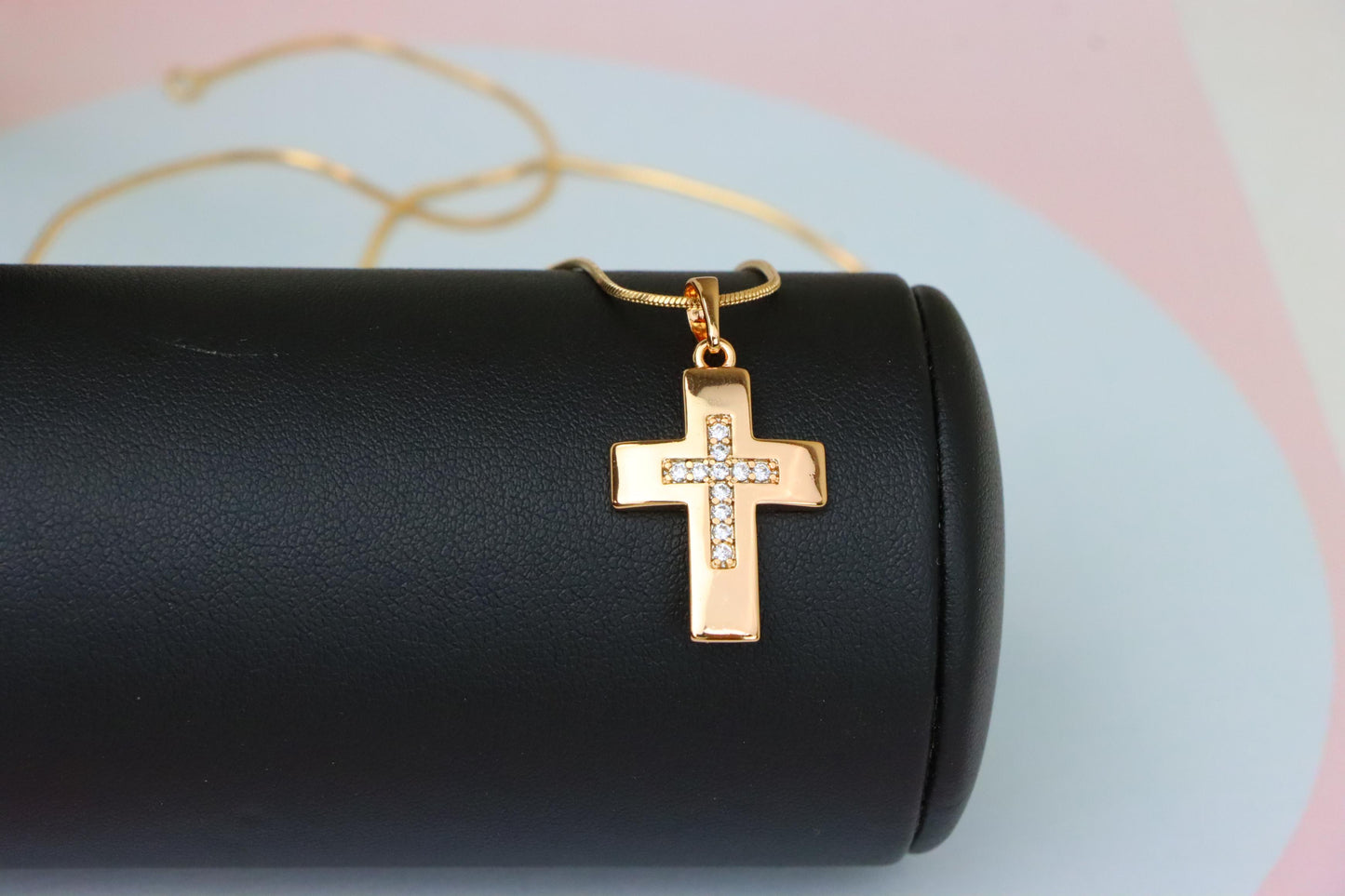 Rose Gold Cross Pendant with Inset CZ Accents in Glossy Finish, XPPT1847 (2156-3)