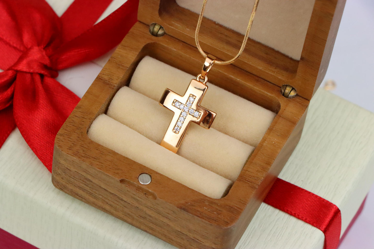 Rose Gold Cross Pendant with Inset CZ Accents in Glossy Finish, XPPT1847 (2156-3)