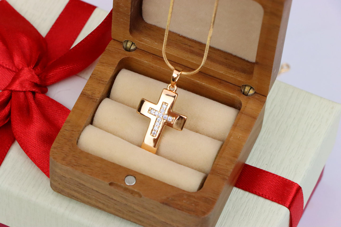 Rose Gold Cross Pendant with Inset CZ Accents in Glossy Finish, XPPT1847 (2156-3)