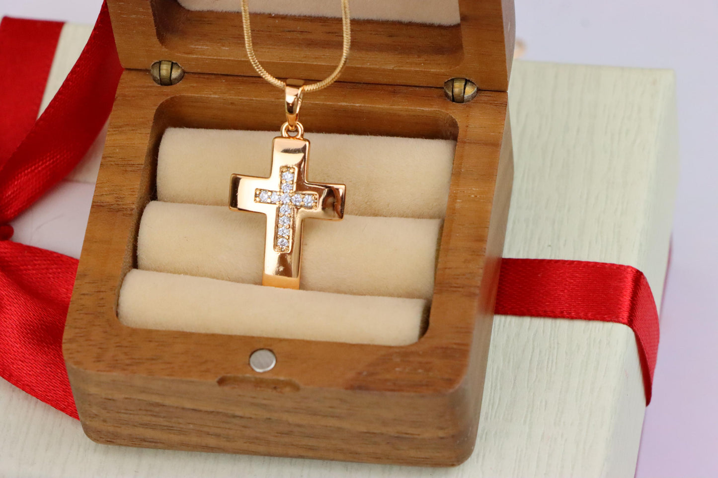 Rose Gold Cross Pendant with Inset CZ Accents in Glossy Finish, XPPT1847 (2156-3)