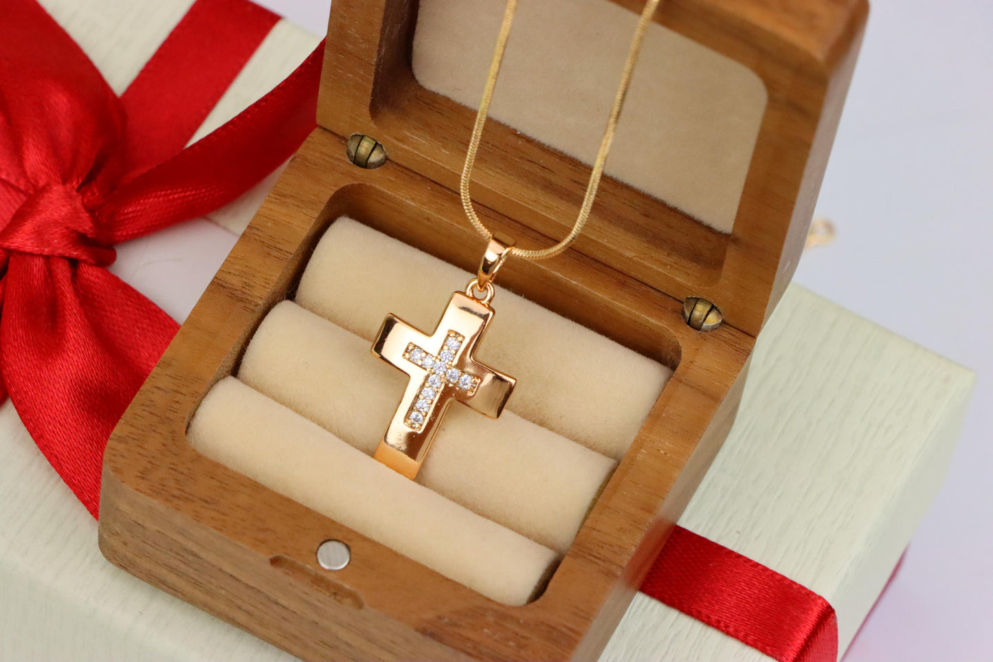 Rose Gold Cross Pendant with Inset CZ Accents in Glossy Finish, XPPT1847 (2156-3)
