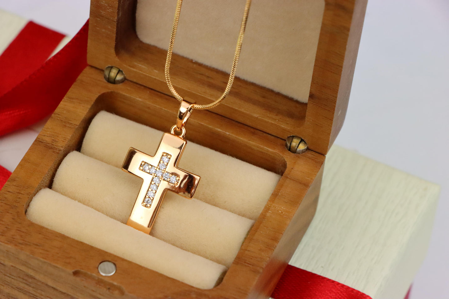 Rose Gold Cross Pendant with Inset CZ Accents in Glossy Finish, XPPT1847 (2156-3)