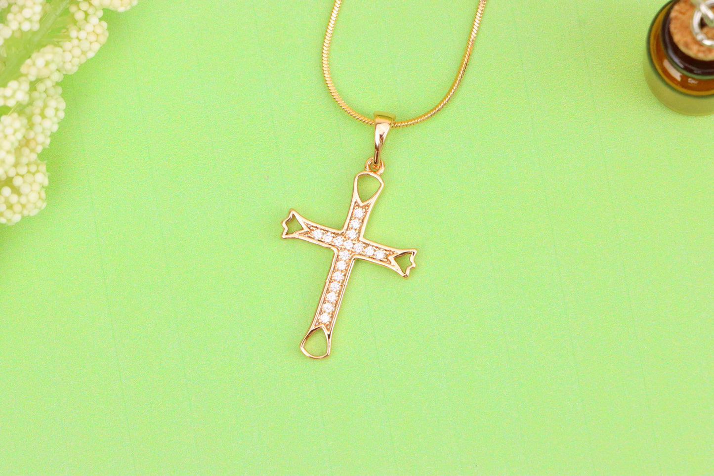 Elegant Rose Gold Cross Pendant with CZ Stones and Cutout Design, XPPT1848 (2156-4)