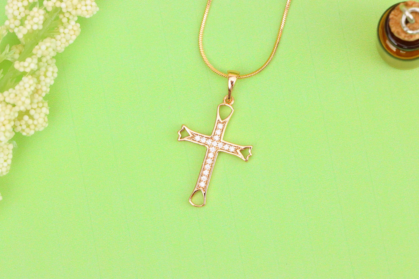 Elegant Rose Gold Cross Pendant with CZ Stones and Cutout Design, XPPT1848 (2156-4)