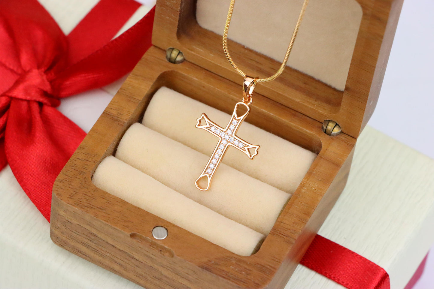 Elegant Rose Gold Cross Pendant with CZ Stones and Cutout Design, XPPT1848 (2156-4)