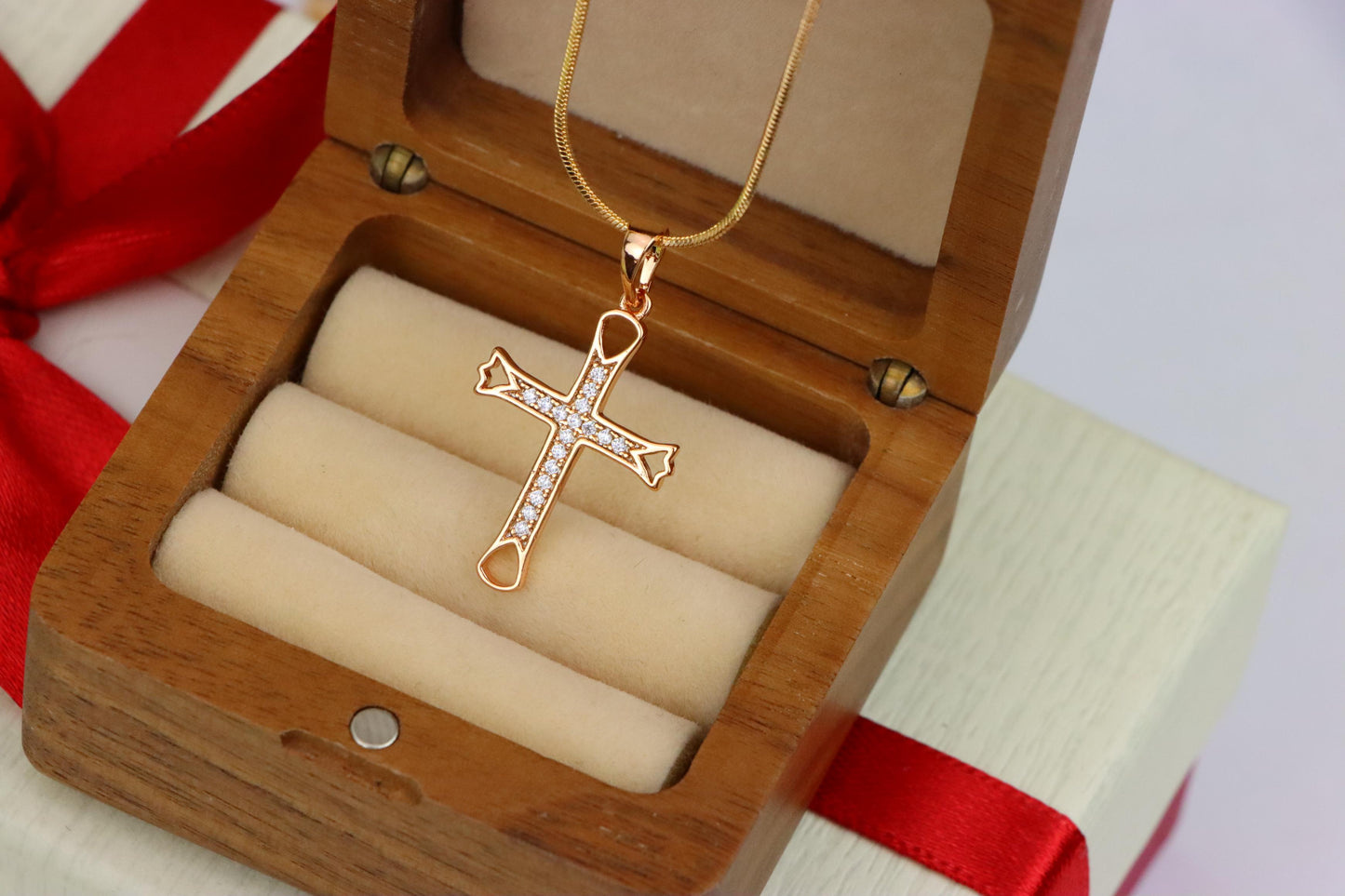 Elegant Rose Gold Cross Pendant with CZ Stones and Cutout Design, XPPT1848 (2156-4)