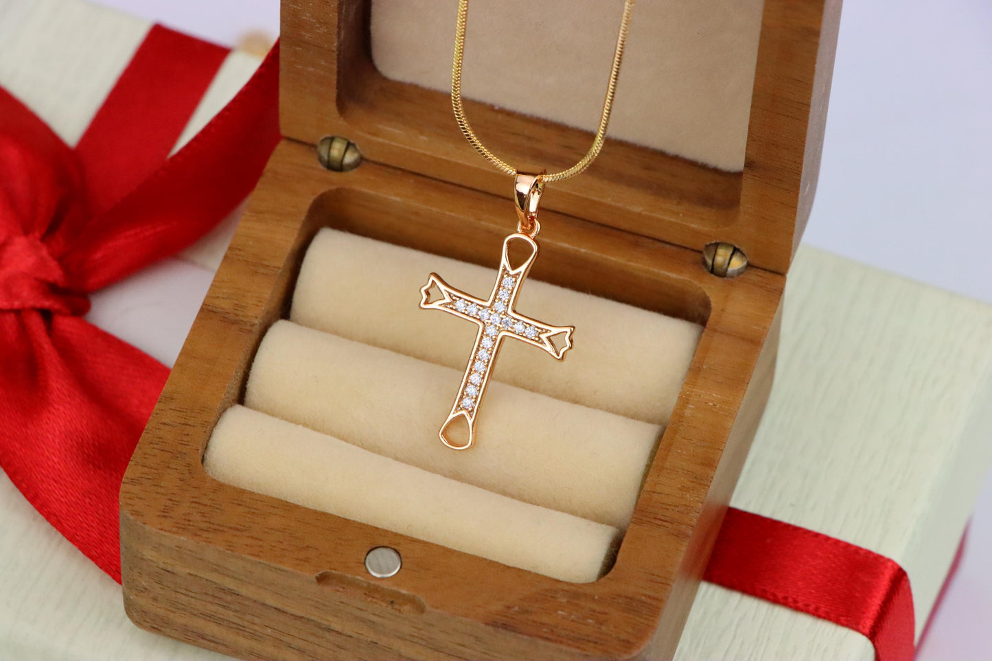 Elegant Rose Gold Cross Pendant with CZ Stones and Cutout Design, XPPT1848 (2156-4)