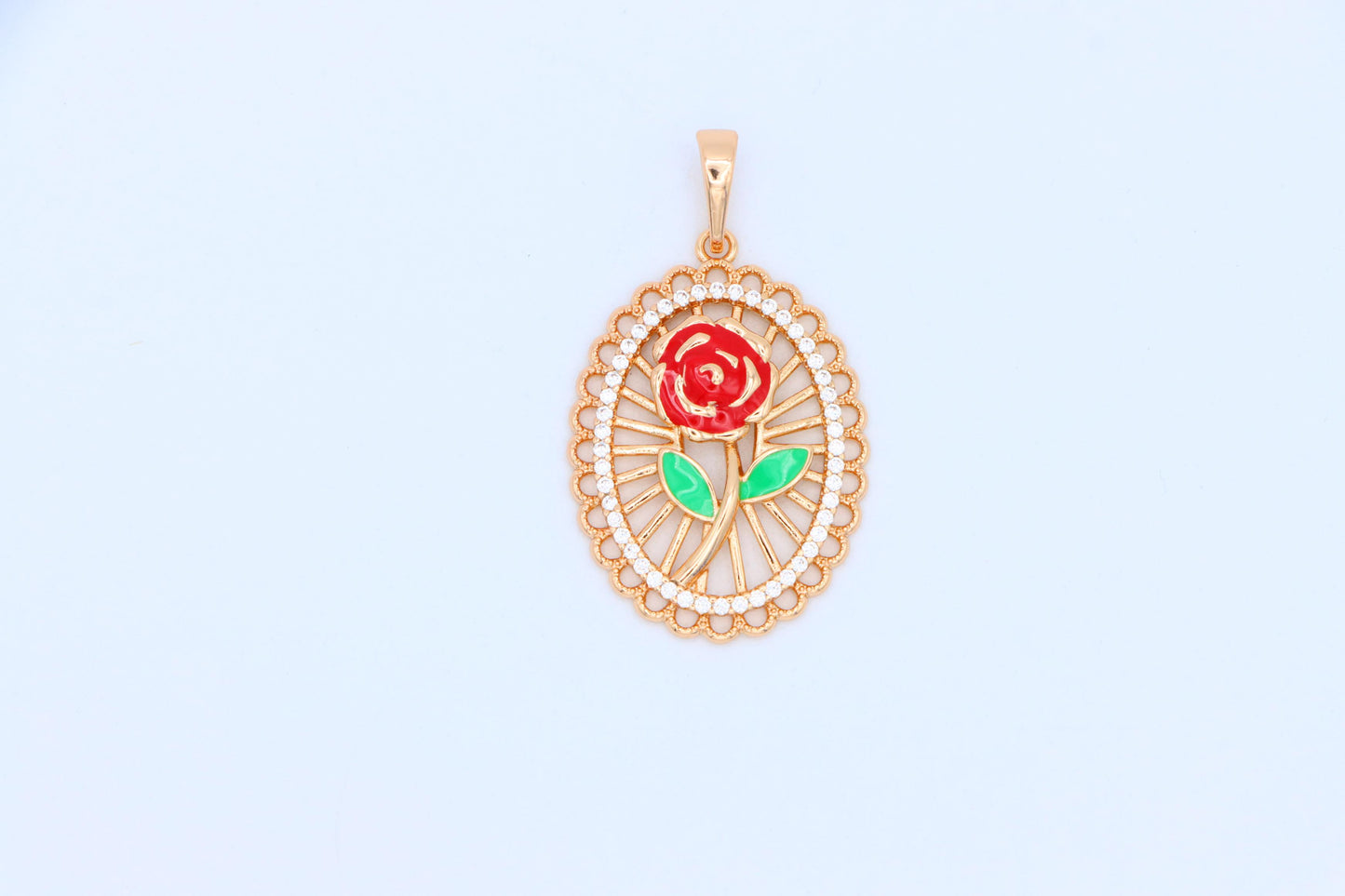 Rose Gold Oval Pendant with Red Rose and Green Leaf Enamel Design, XPPT1379 (2133-3)