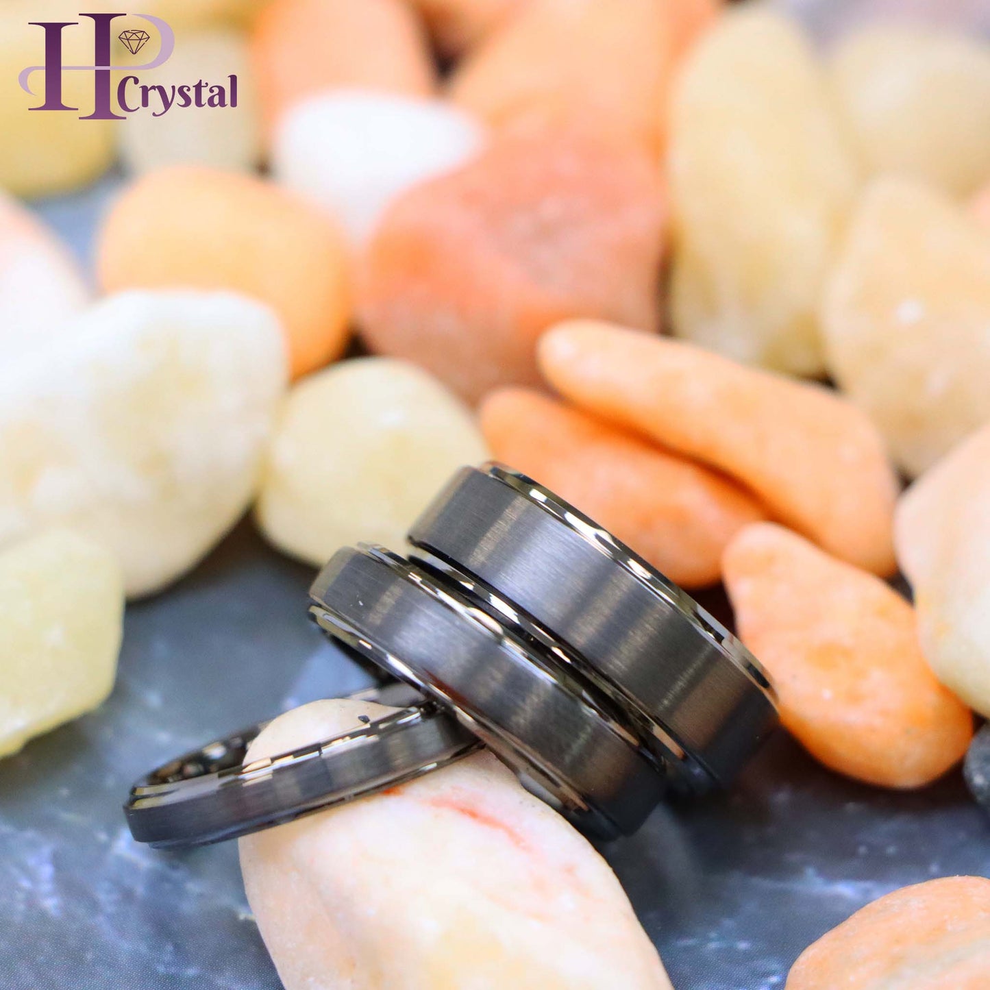 Gun Metal IP Plated Brushed Center High Polish Stepped Edge 8mm/6mm/4mm Tungsten Ring