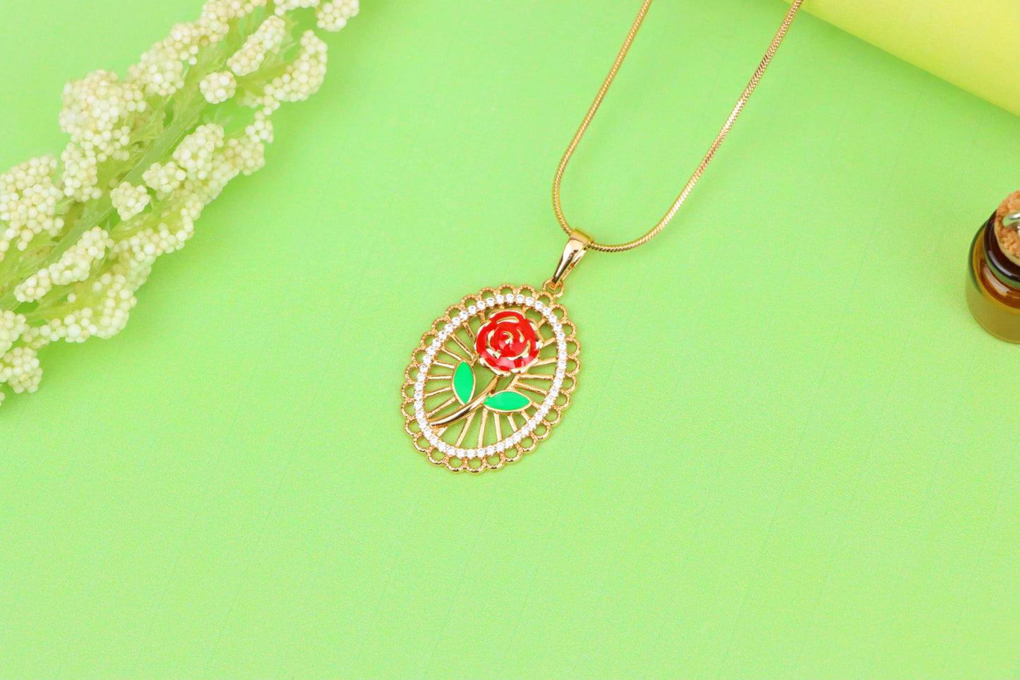 Rose Gold Oval Pendant with Red Rose and Green Leaf Enamel Design, XPPT1379 (2133-3)