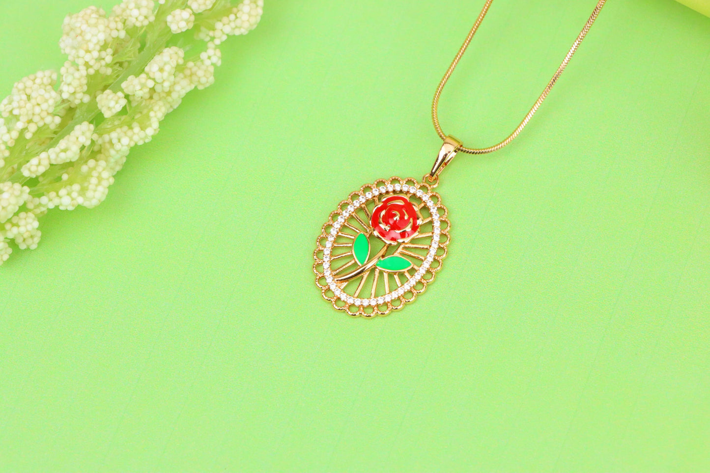 Rose Gold Oval Pendant with Red Rose and Green Leaf Enamel Design, XPPT1379 (2133-3)