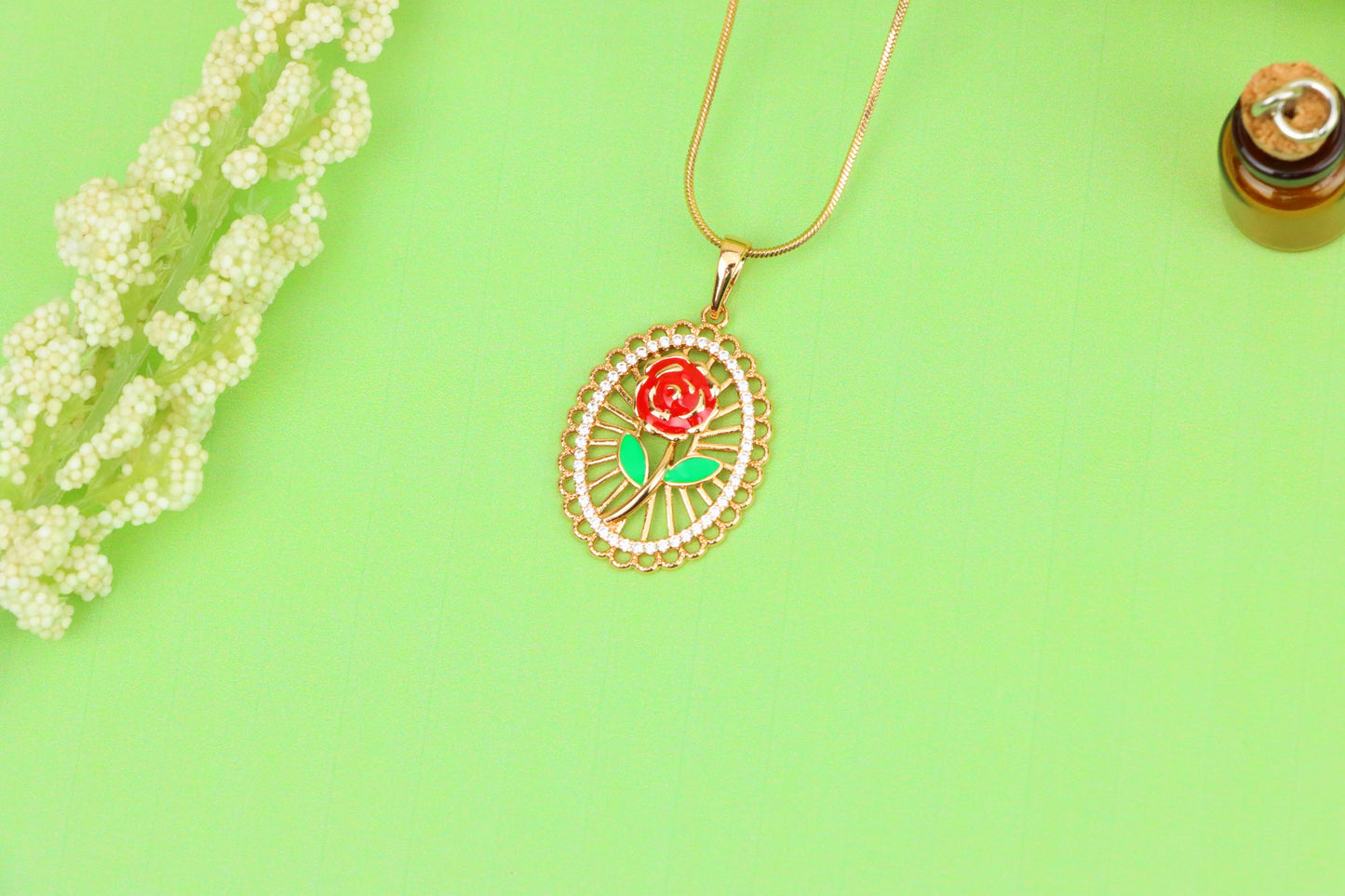 Rose Gold Oval Pendant with Red Rose and Green Leaf Enamel Design, XPPT1379 (2133-3)