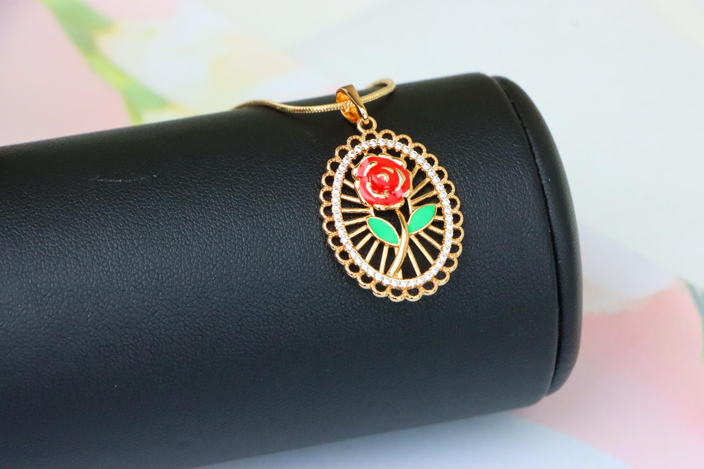 Rose Gold Oval Pendant with Red Rose and Green Leaf Enamel Design, XPPT1379 (2133-3)
