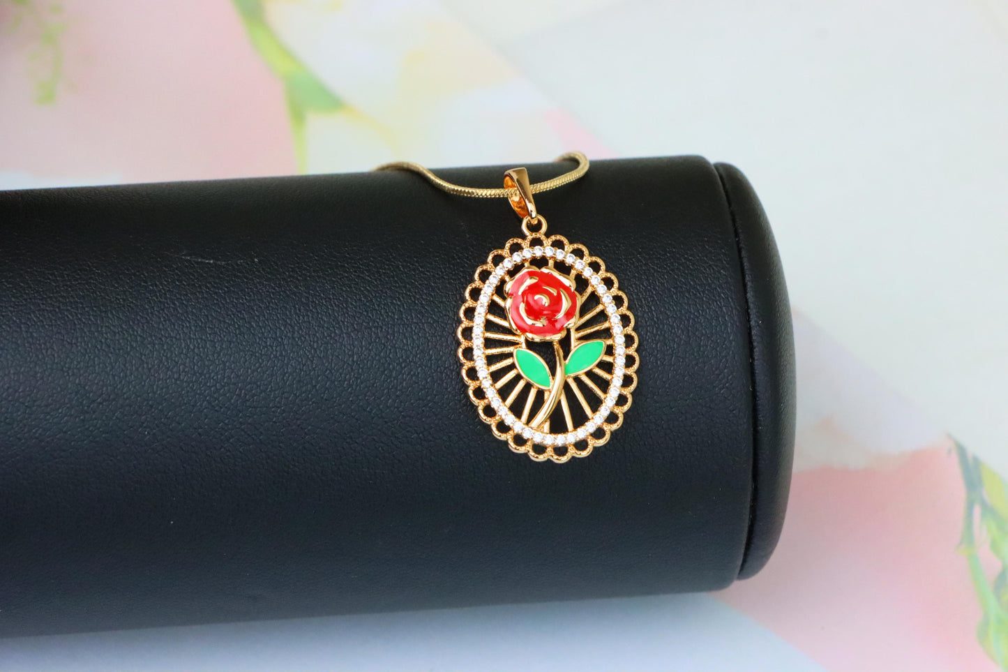 Rose Gold Oval Pendant with Red Rose and Green Leaf Enamel Design, XPPT1379 (2133-3)