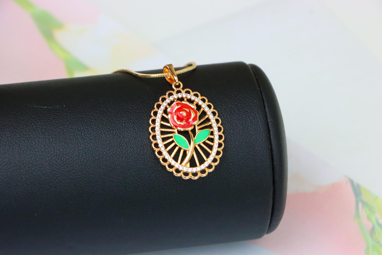 Rose Gold Oval Pendant with Red Rose and Green Leaf Enamel Design, XPPT1379 (2133-3)