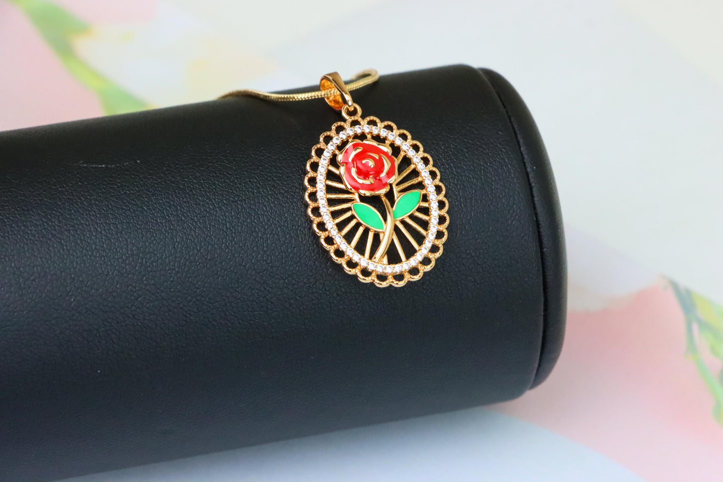 Rose Gold Oval Pendant with Red Rose and Green Leaf Enamel Design, XPPT1379 (2133-3)