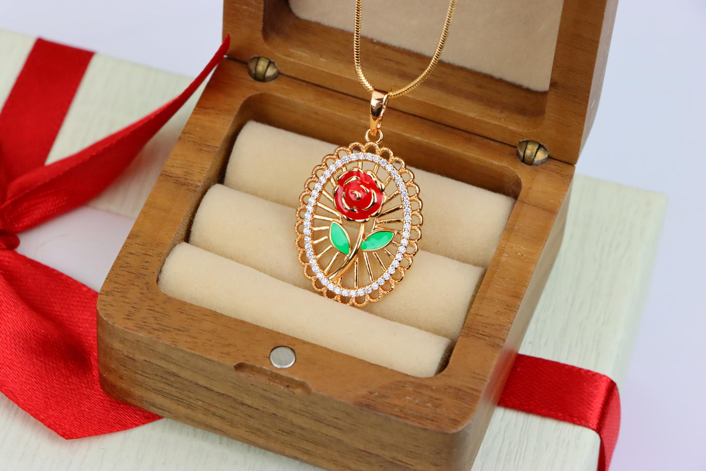 Rose Gold Oval Pendant with Red Rose and Green Leaf Enamel Design, XPPT1379 (2133-3)