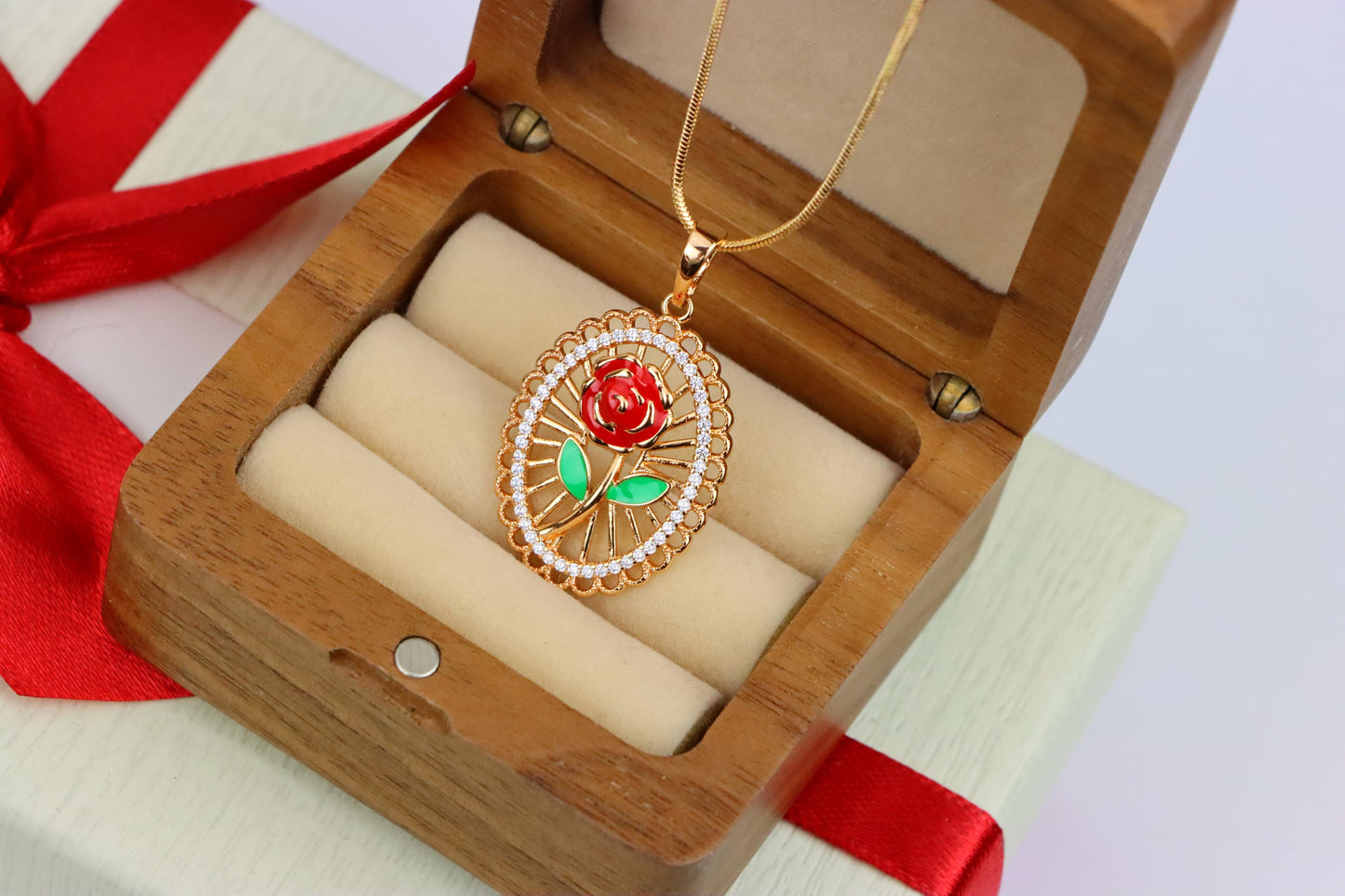 Rose Gold Oval Pendant with Red Rose and Green Leaf Enamel Design, XPPT1379 (2133-3)