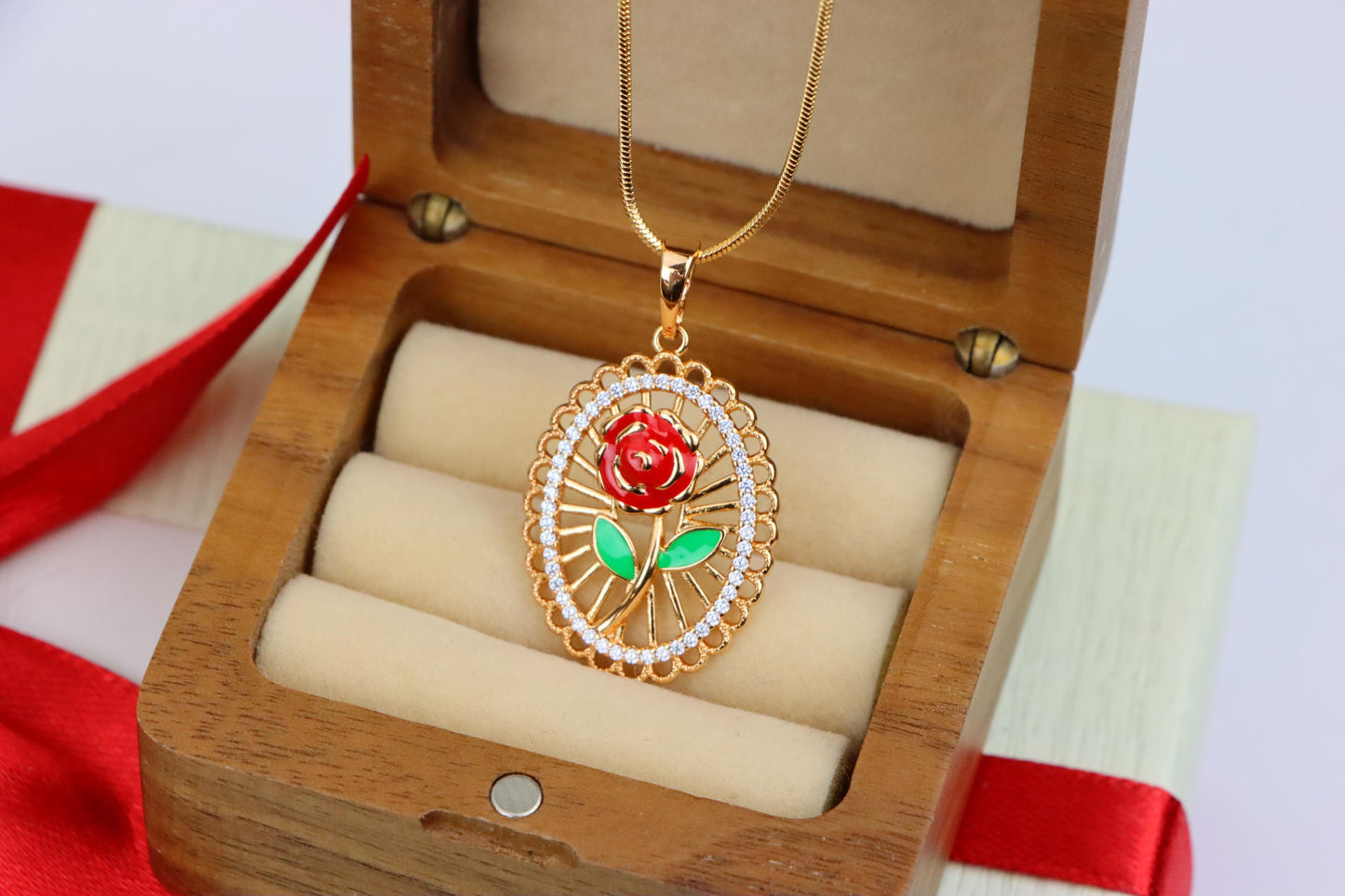 Rose Gold Oval Pendant with Red Rose and Green Leaf Enamel Design, XPPT1379 (2133-3)