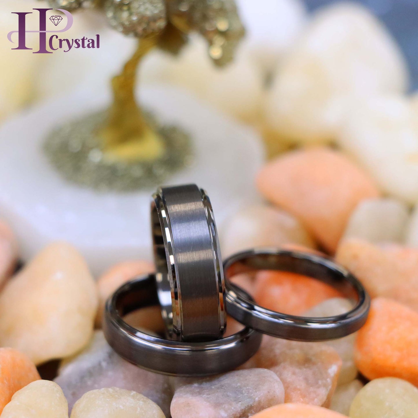 Gun Metal IP Plated Brushed Center High Polish Stepped Edge 8mm/6mm/4mm Tungsten Ring