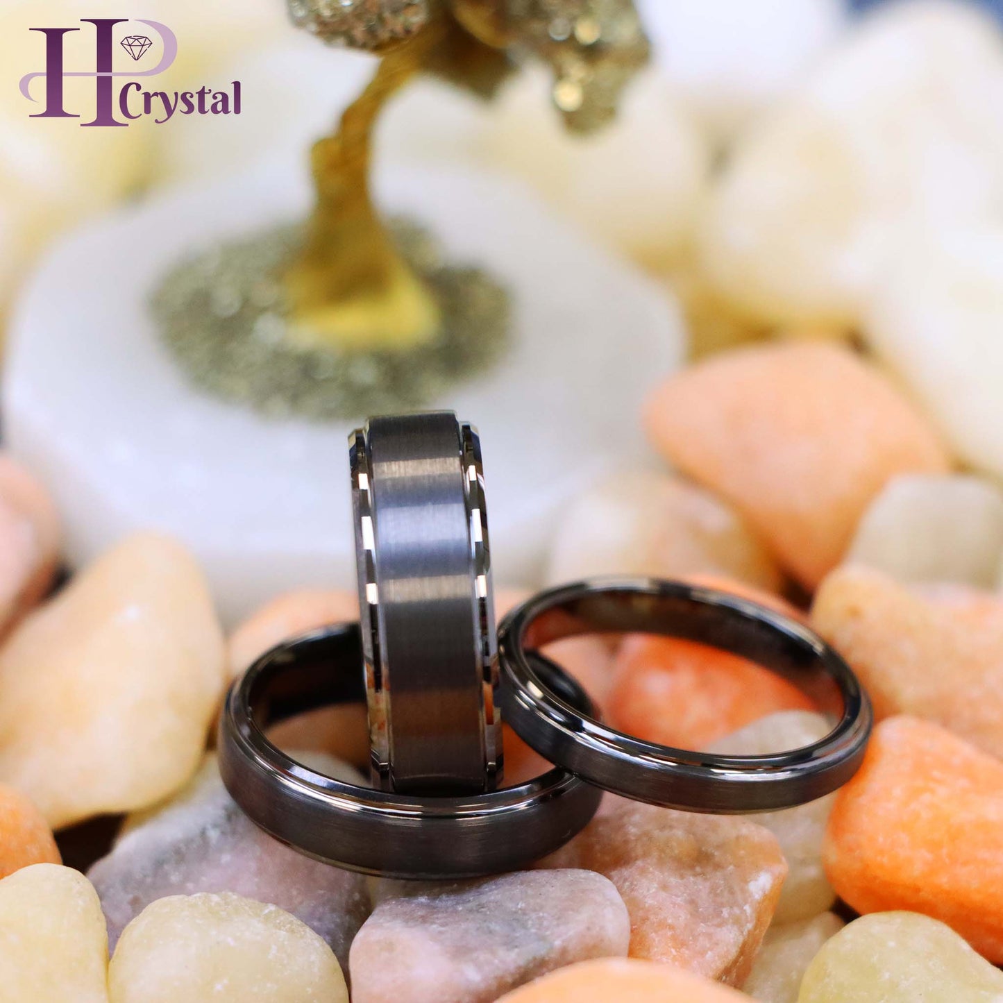 Gun Metal IP Plated Brushed Center High Polish Stepped Edge 8mm/6mm/4mm Tungsten Ring