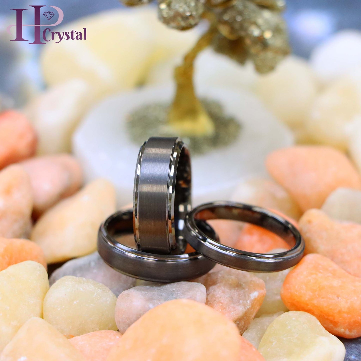 Gun Metal IP Plated Brushed Center High Polish Stepped Edge 8mm/6mm/4mm Tungsten Ring