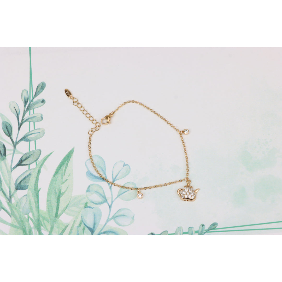 Elegant Rose Gold Bracelet with Teapot Charm and Sparkling Crystals, XPBL0697 (2070-6)