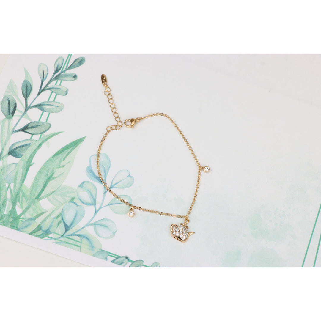 Elegant Rose Gold Bracelet with Teapot Charm and Sparkling Crystals, XPBL0697 (2070-6)