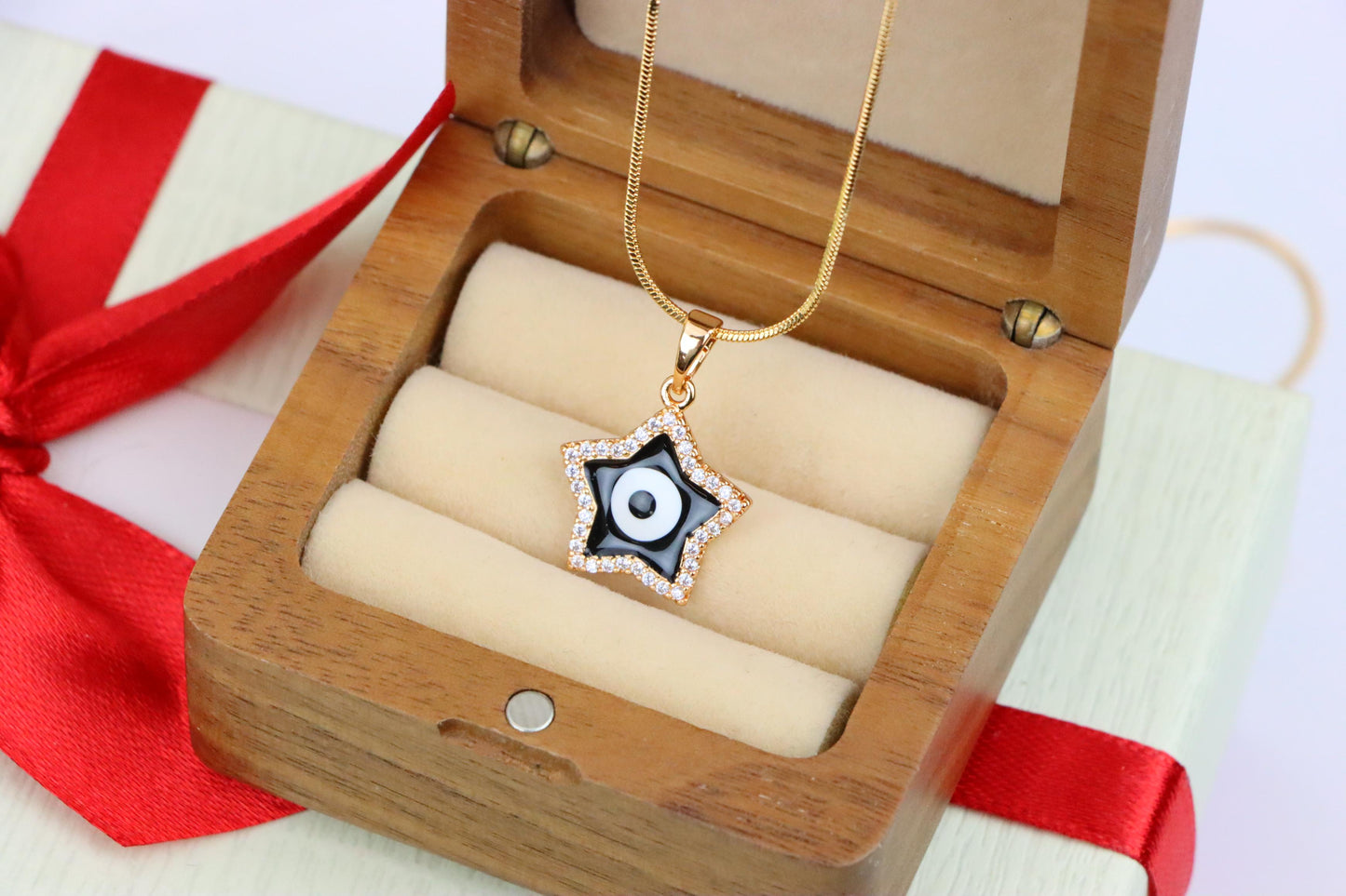 Rose Gold Star Pendant with Black Evil Eye and CZ Accents, XPPT1380 (2133-4)
