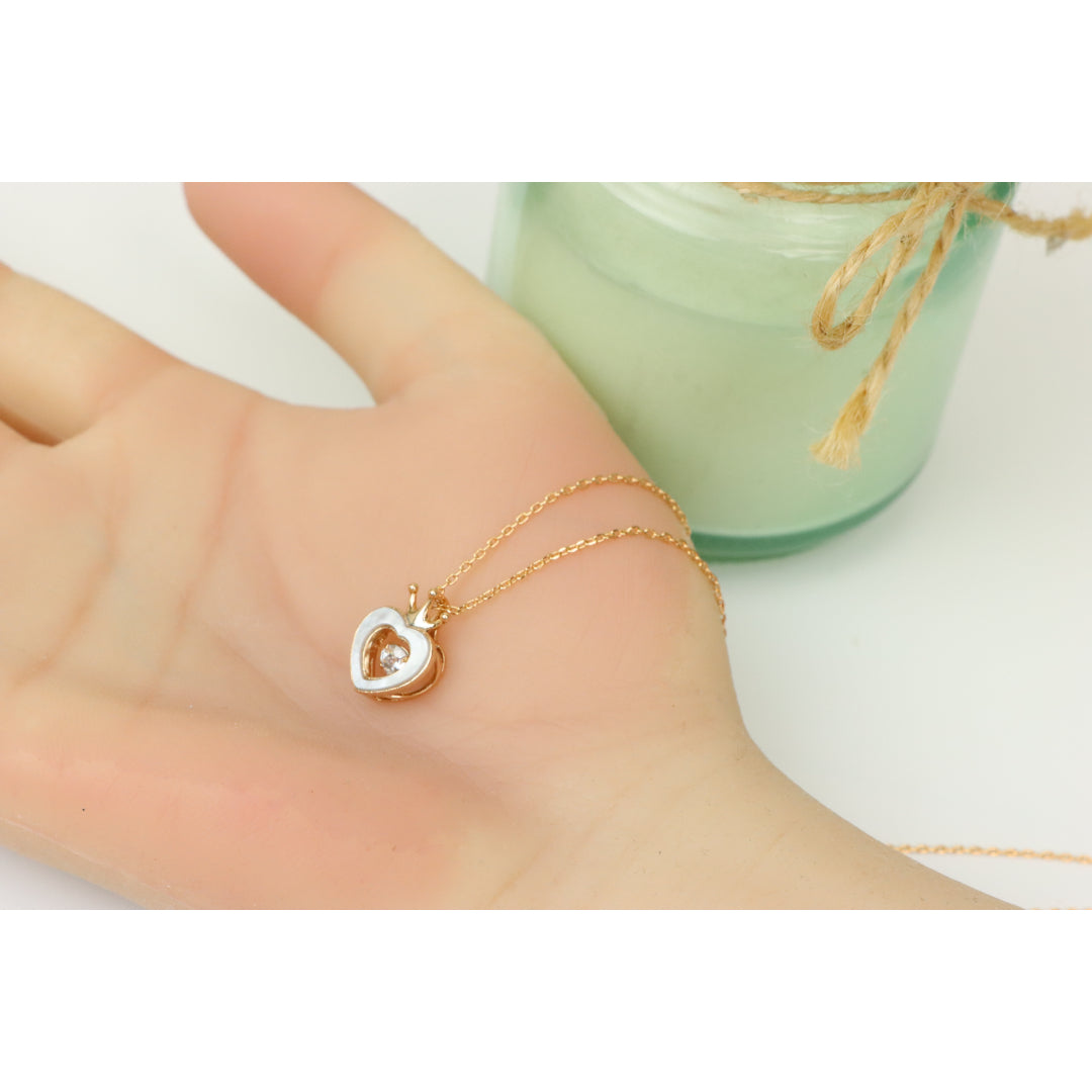 Crowned Heart Rose Gold Necklace with White Enamel, XPNL0232 (2024-2)
