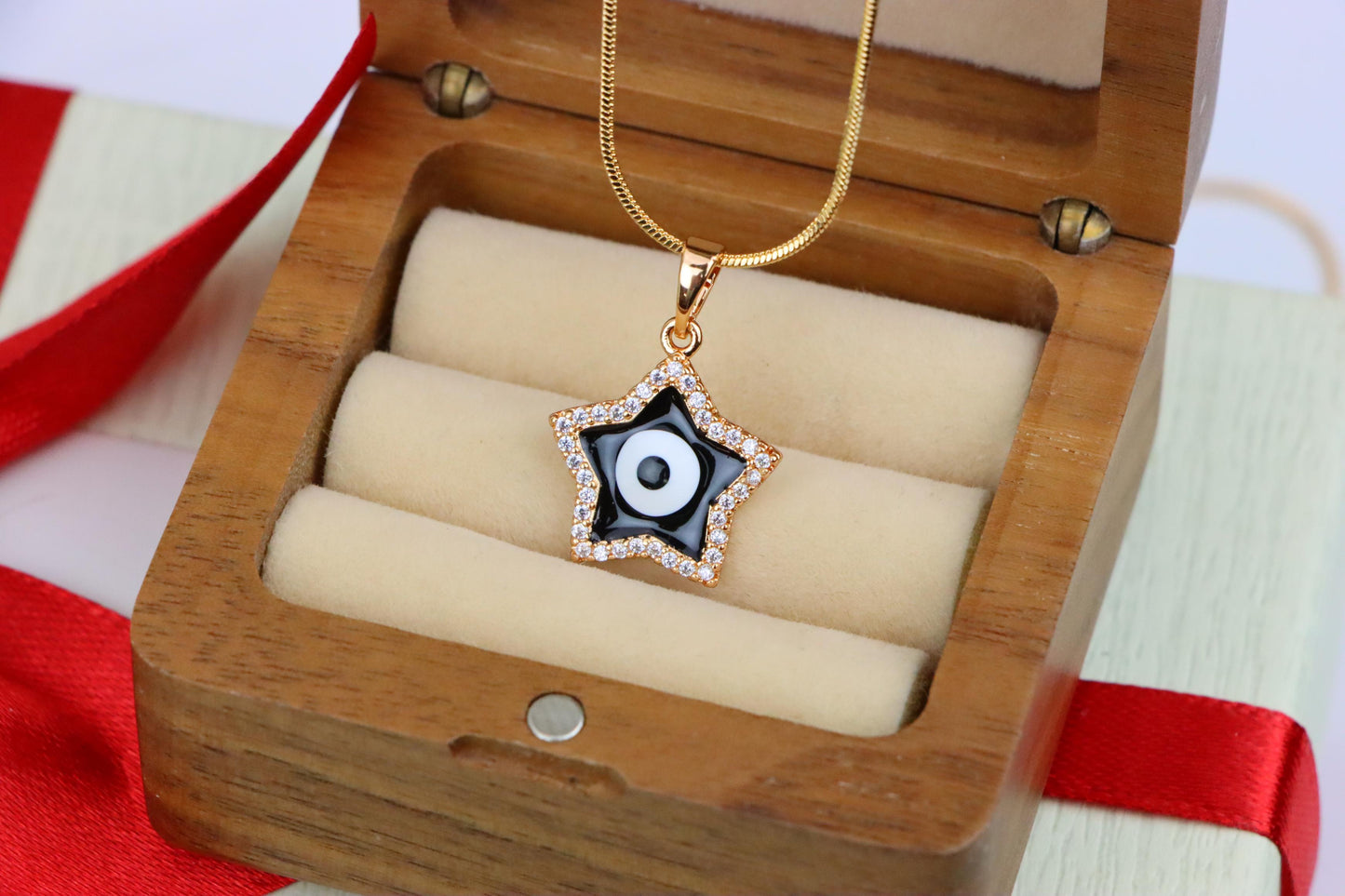 Rose Gold Star Pendant with Black Evil Eye and CZ Accents, XPPT1380 (2133-4)