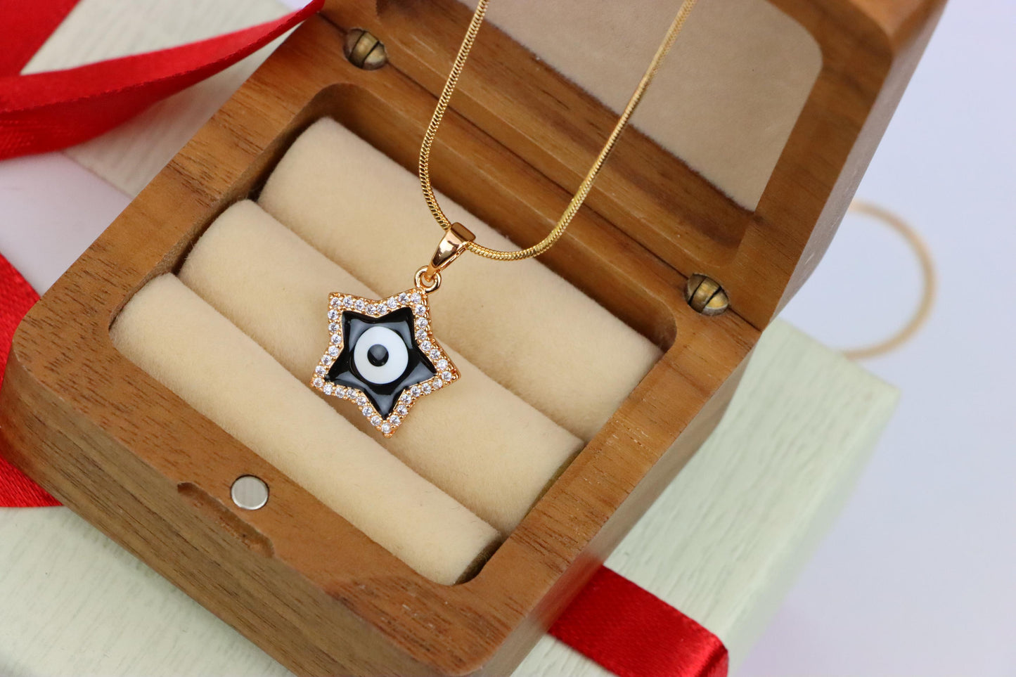 Rose Gold Star Pendant with Black Evil Eye and CZ Accents, XPPT1380 (2133-4)