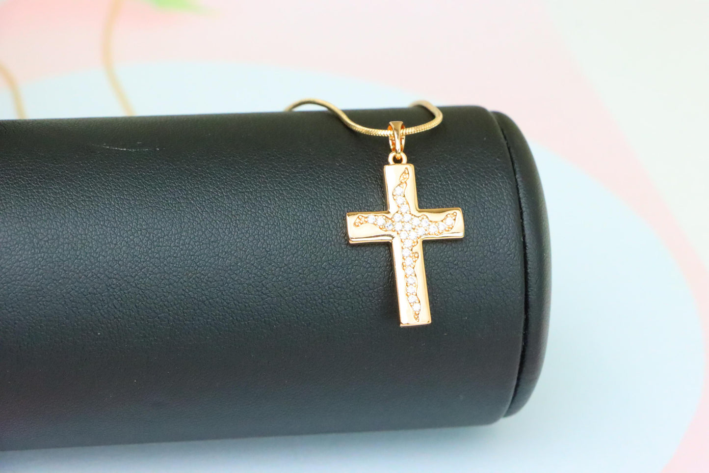 Cross Shaped Rose Gold Pendant with Textured Stone Inlay, XPPT1852 (2156-7)