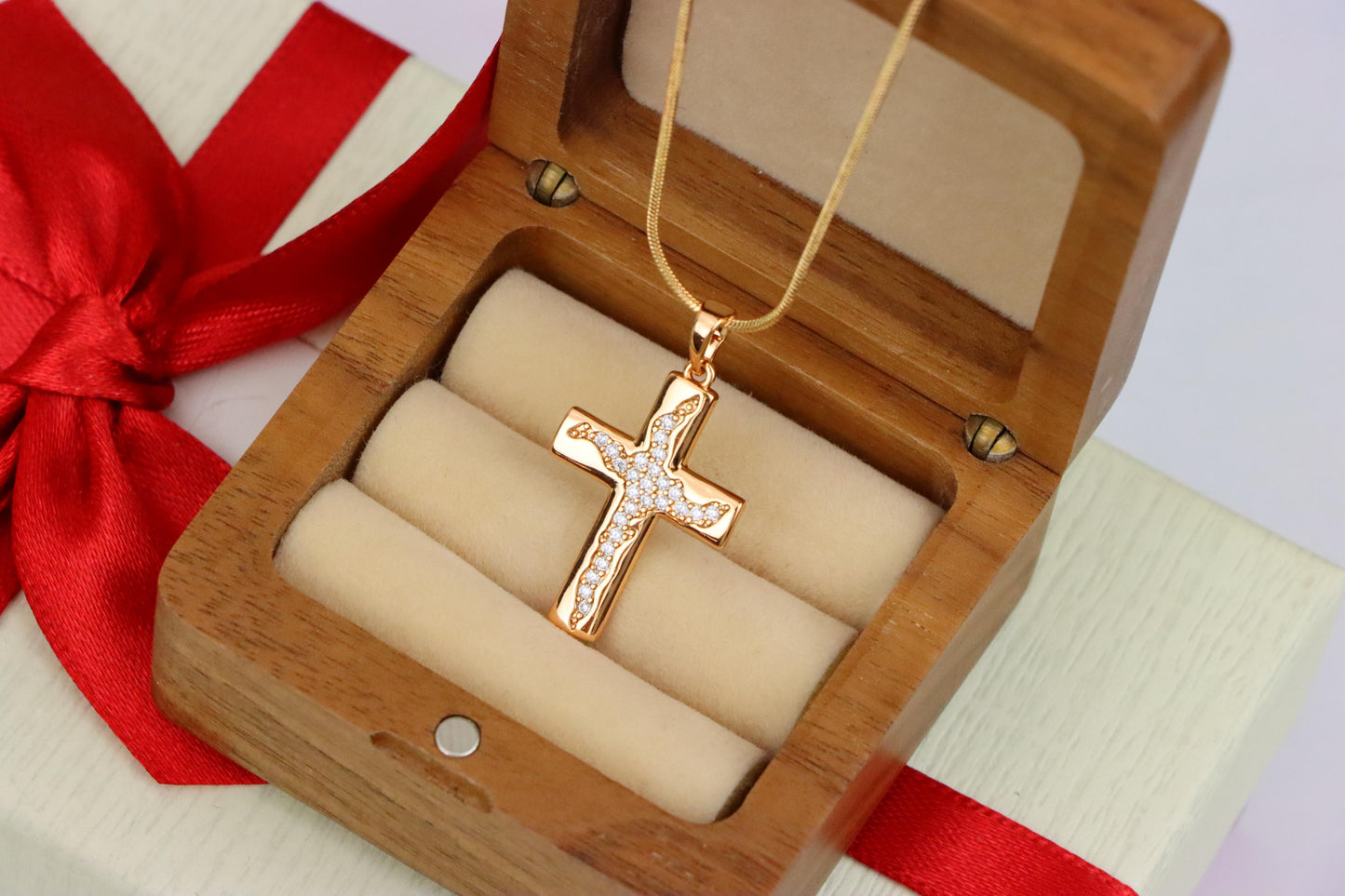 Cross Shaped Rose Gold Pendant with Textured Stone Inlay, XPPT1852 (2156-7)