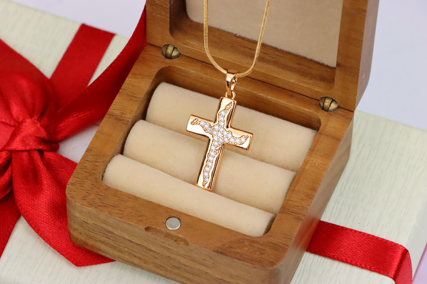 Cross Shaped Rose Gold Pendant with Textured Stone Inlay, XPPT1852 (2156-7)